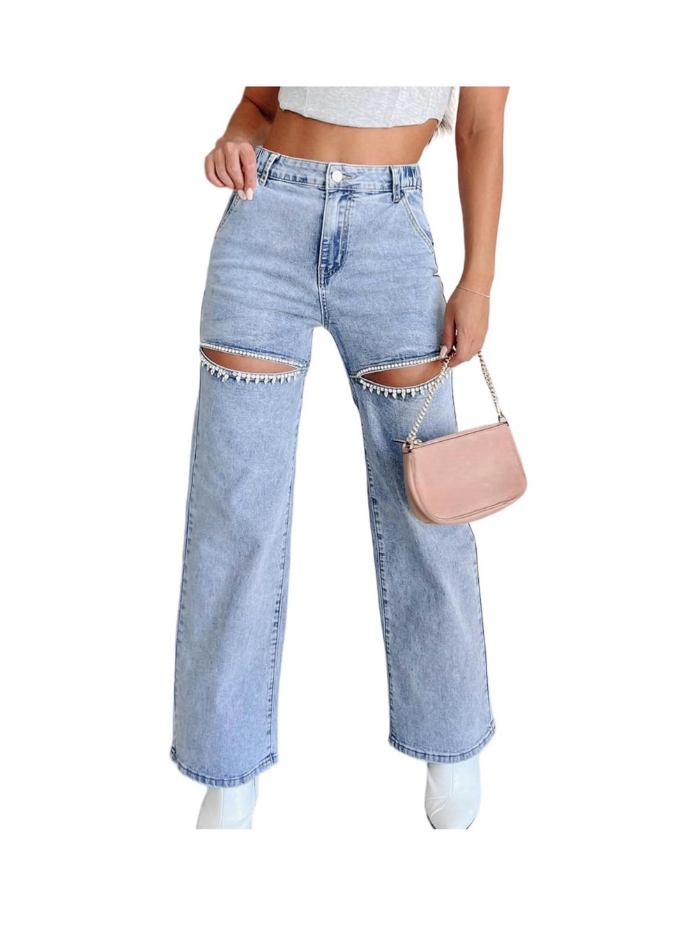 Kedera Women's Rhinestone Pearl Cut Out Jeans High Rise Straight Leg Embellished